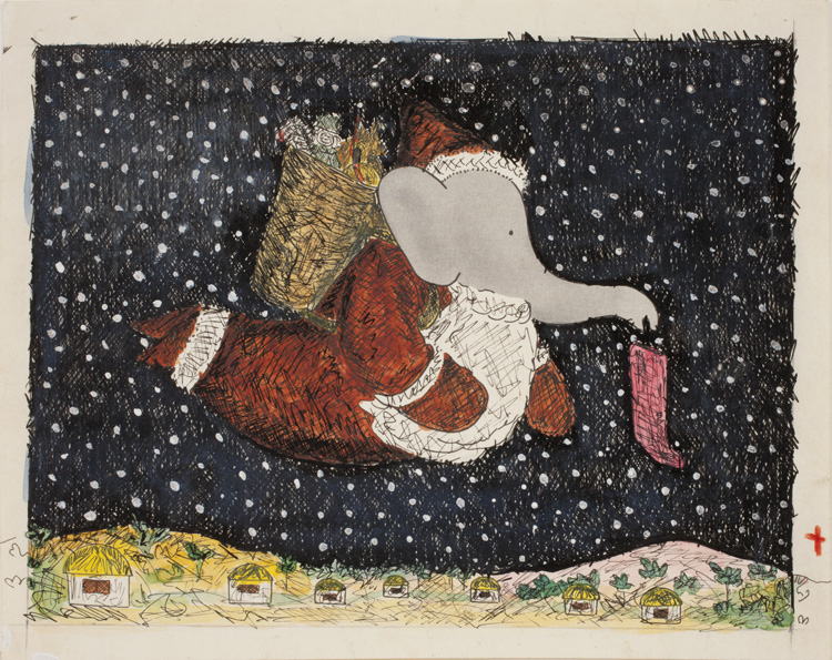 Jean de Brunhoff, draft for the "Babar et le Père Noël" coverr, colors by Laurent de Brunhoff, 1941