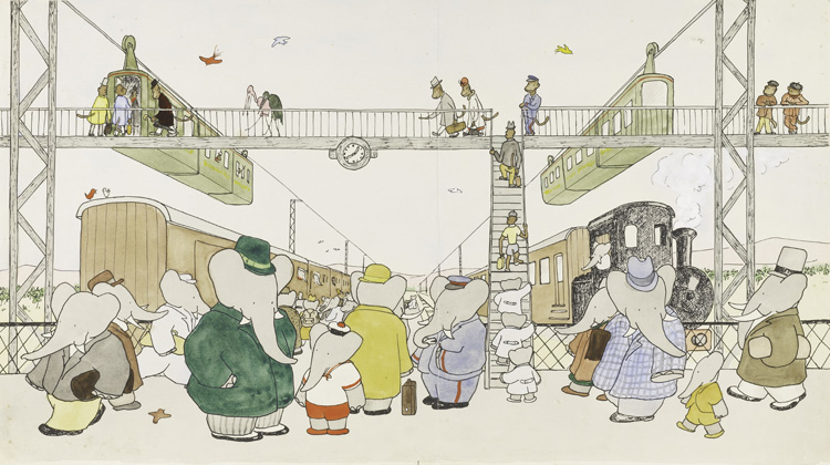 Laurent de Brunhoff, watercolour for "Babar et ce coquin d’Arthur", p. 4-5, 1946. New York, Morgan Library © DR