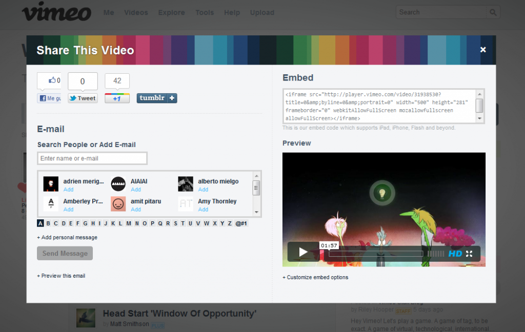 Vimeo redesign - the share & embed box now alows social tools