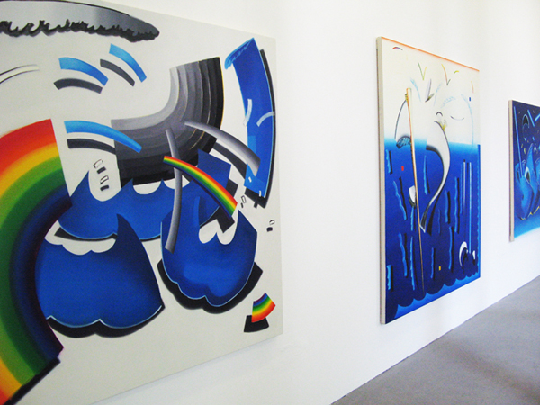 Alan Chan, L-R; ‘Rainbow Painting (Thinking of Messiaen)’, ‘Deconstruction of Fish In Geometric Style’, ‘Catching the Big Fish (Late Night Version)’, all oil on canvas.