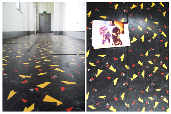 Lauren Godfrey, ‘Seinfeld Shoe’, inlaid linoleum, posters.