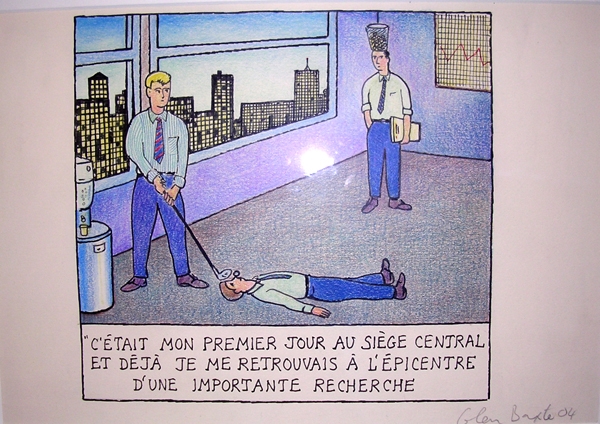 Glen Baxter, Untitled, 2004 via Galerie Martine et Thibault de la Châtre, Paris (design appeared at Le Monde)