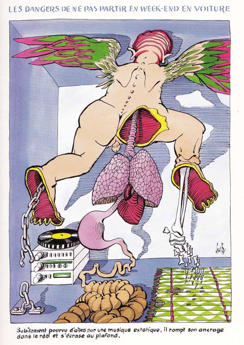 Gébé, Les dangers de ne pas partir en week-end en voiture, 1985 ink on paper (courtesy of Gallery Anne Barrault)