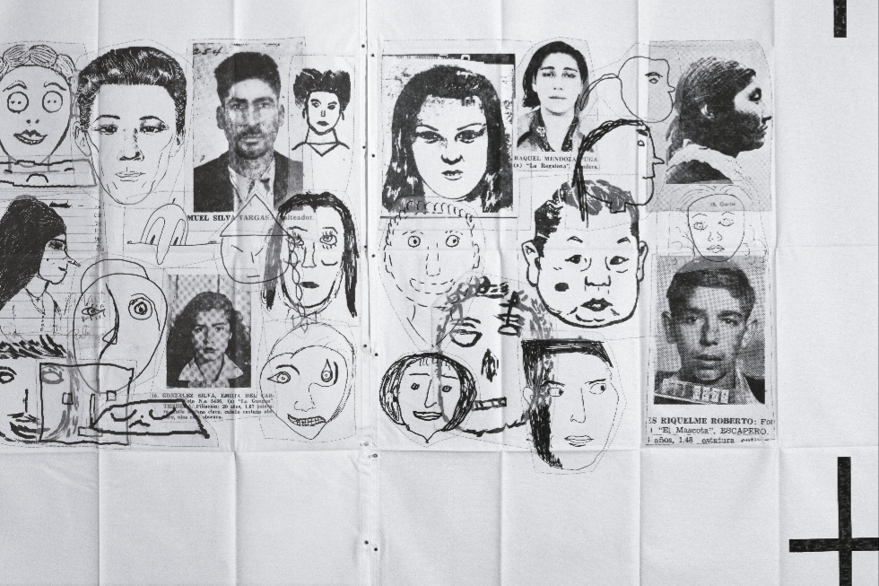 The 24th History of the Human Face (Cruza) - Paint, non woven fabric, stitching and photosilkscreen on two sections of duck fabric 210 x 280 cm Photo  Jorge Brantmayer © Eugenio Dittborn