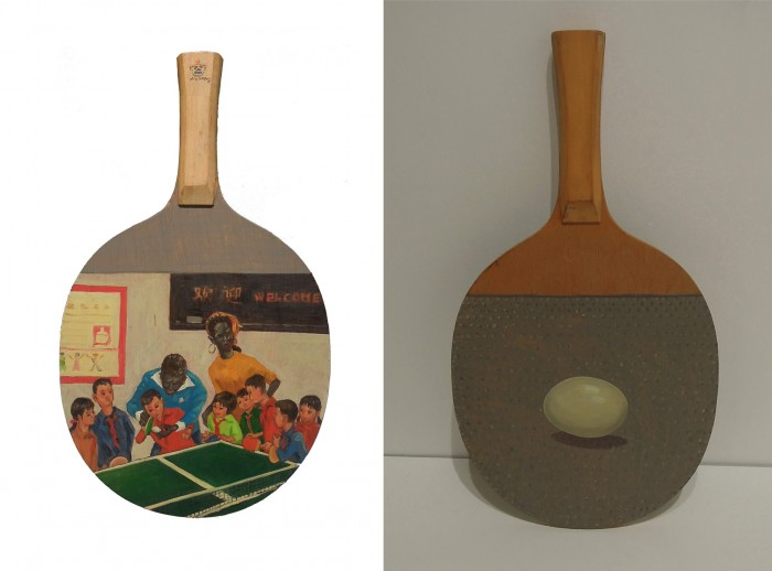 Liu Dahong Ping Pong Egg  2012 Oil on wooden table tennis bat (image courtesy of RossiRossi)