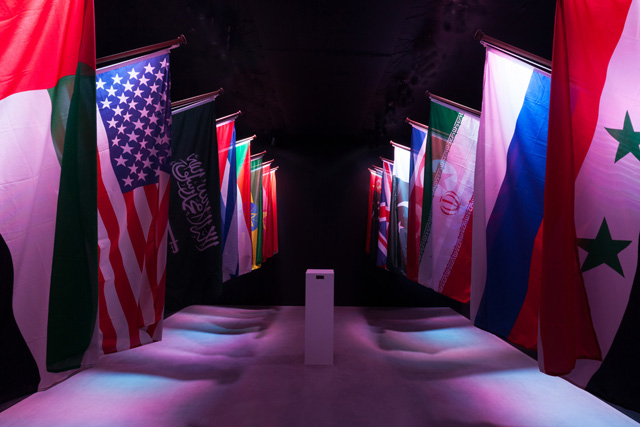 Constant Dullaart, 'The Censored Internet', 19 flags, lasers, domain name, 2014. Courtesy the gallery.