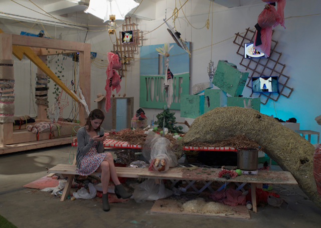 Ed Fornieles, Modern Family (2014). Installation view. Commissioned by Chisenhale Gallery. Photo by Andy Keate. Courtesy Carlos/ Ishikawa, London. 