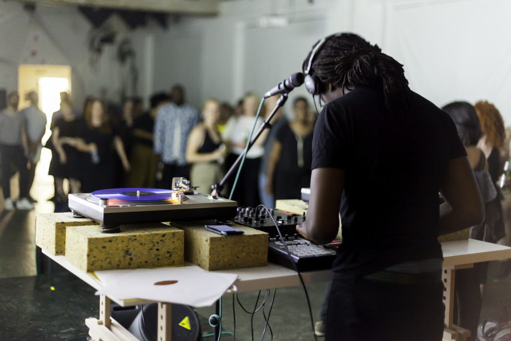 Larry Achiampong performing at All Of Us Have A Sense Of Rhythm: An Evening of Live Music at DRAF, 2015. Photo: Dan Weill