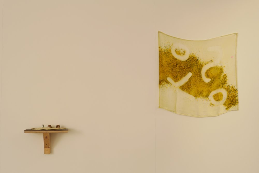 Left-to-right: Jesse Wine, 'Mr Good Ideas', Richard John Jones, 'Altar Cloths'. Install view. Courtesy Generation & Display.