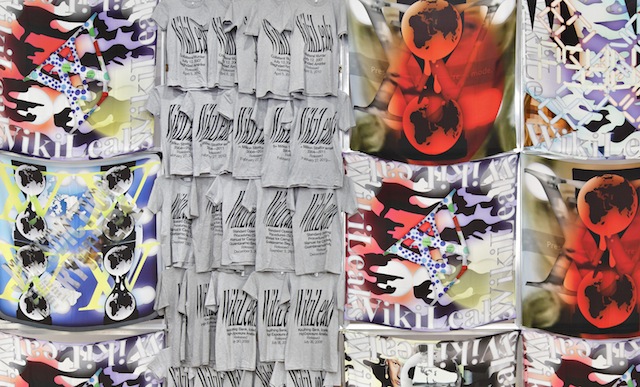 Transparent Camouflage , (2011-2013): WikiLeaks scarves and t-shirts. Installation view, image courtesy Future Gallery, Berlin.