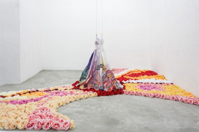 Henrik Olai Kaarstein, 'Here Comes Iris' (2016). Mixed media on wedding gown, artificial flowers. Courtesy the artist.